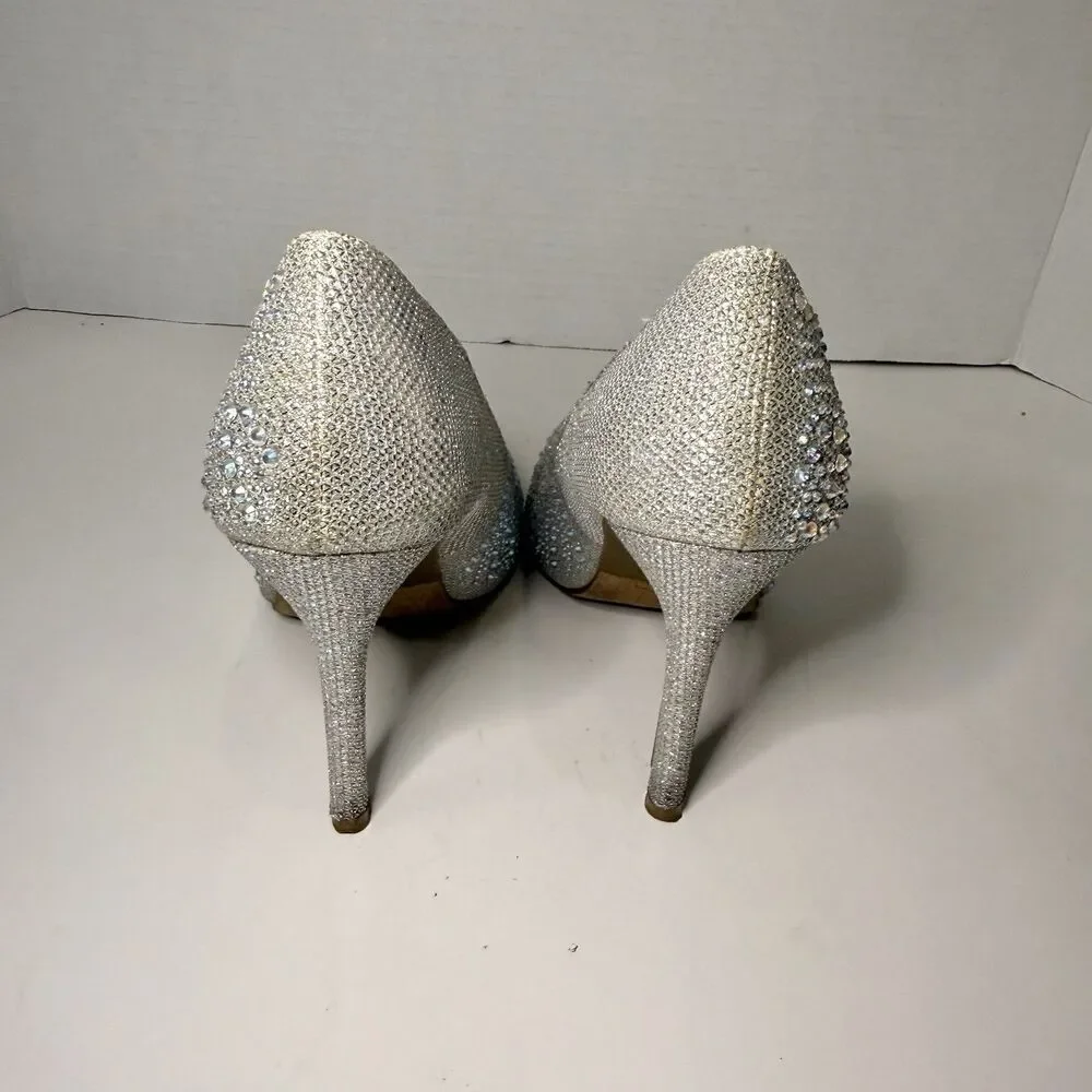 Silver Rhinestone Pointed Toe Stiletto Heels Bridal Wedding Glam US 6 Top Moda